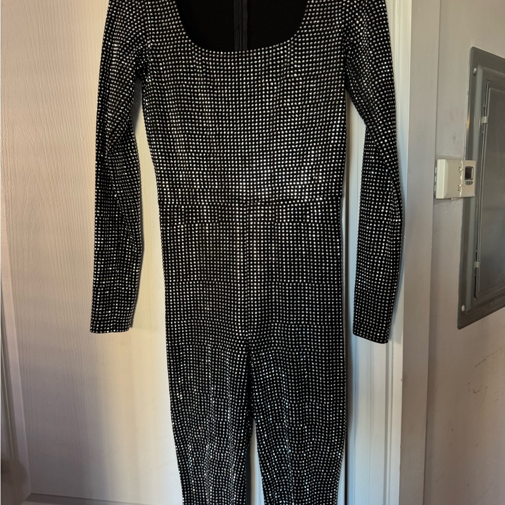 Good American Black Jumpsuit with Silver   Rhinestones Accents